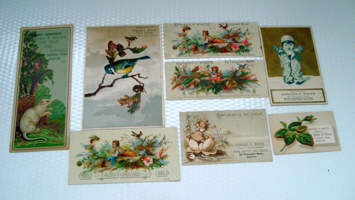 EDWARD WHITE SHOE STORE BOSTON MASS CHRISTMAS GREETINGS ADV X 8 ~ 1880’S