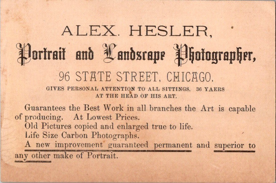 Victorian Trade Card – Alexander Hesler – Extremely Famous Chicago Photographer