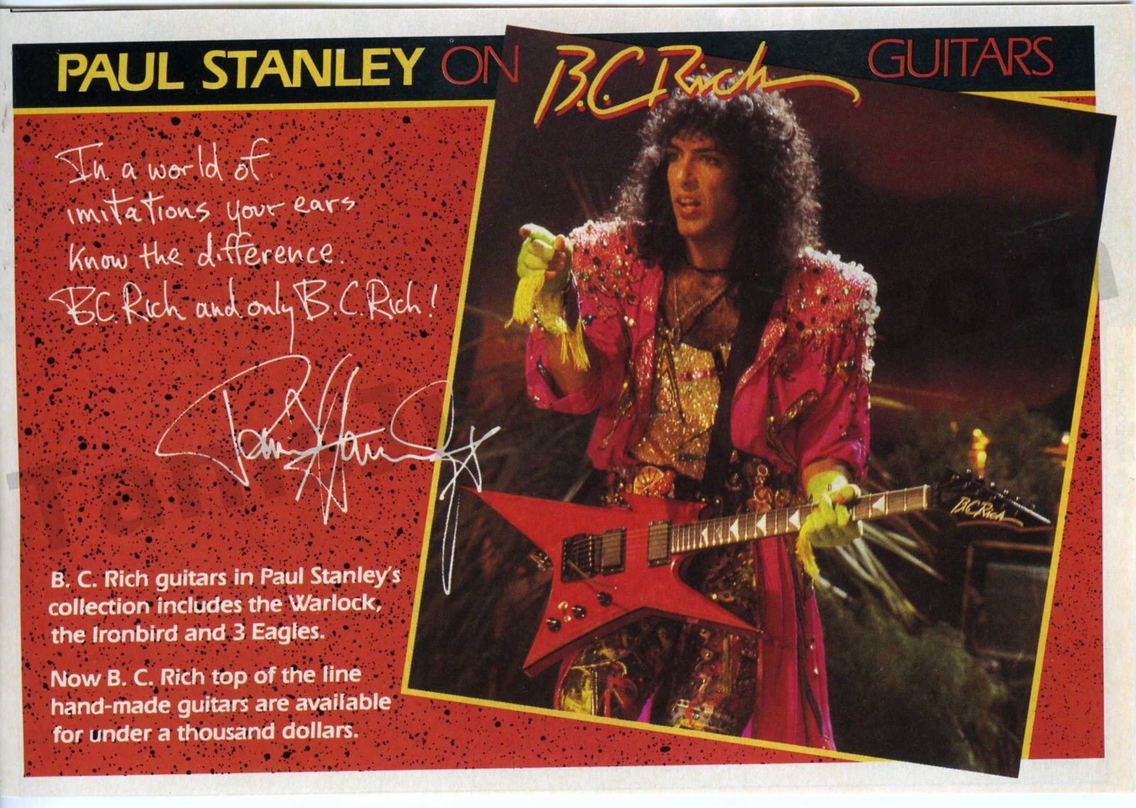 1986 B.C. Rich Guitars Paul Stanley KISS Old PRINT MAGAZINE AD Decor? (4111)