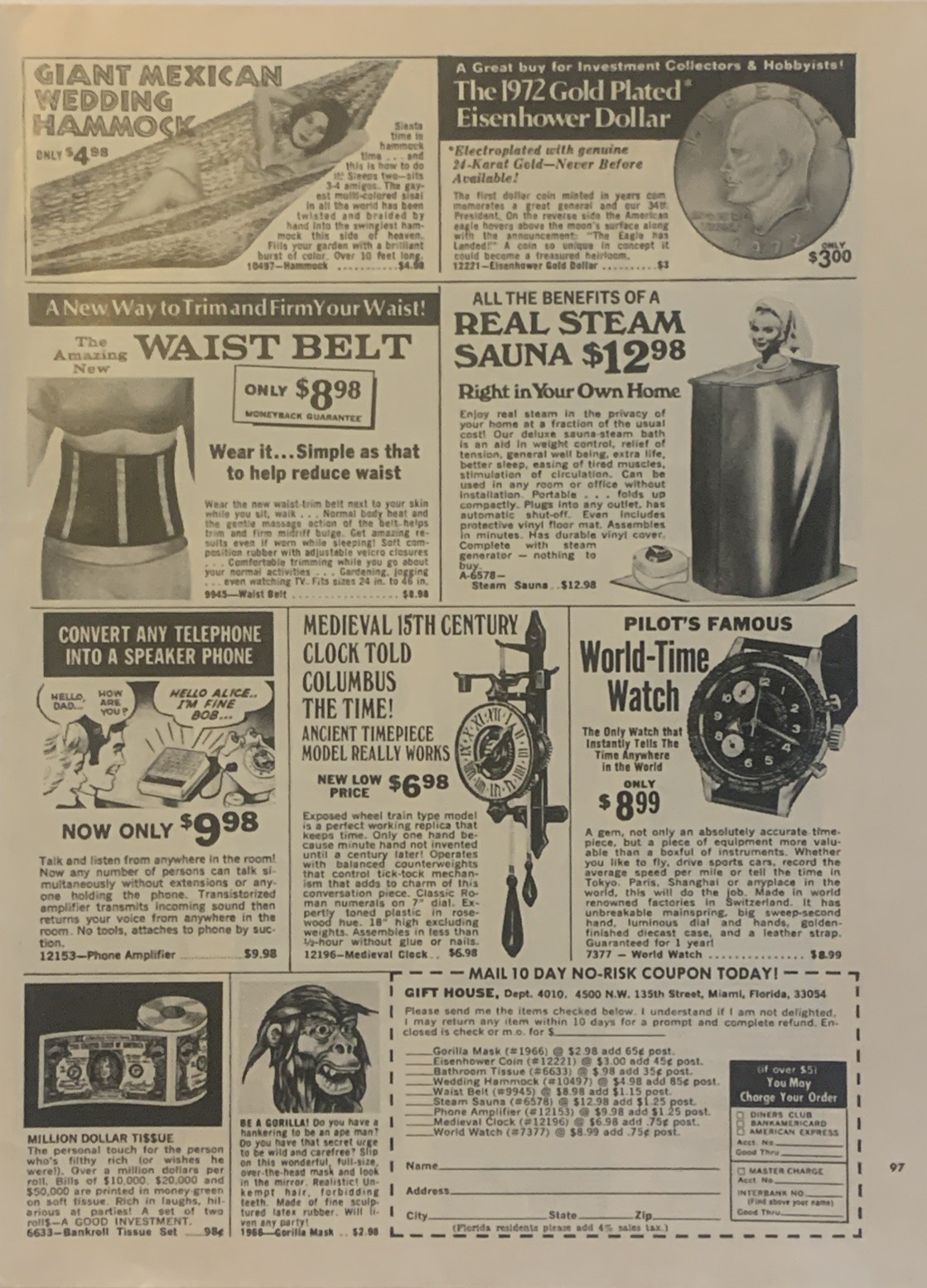 1973 Gift House Mail Order PRINT AD Home Sauna Waist Belt Pilot Watch VTG 1970s