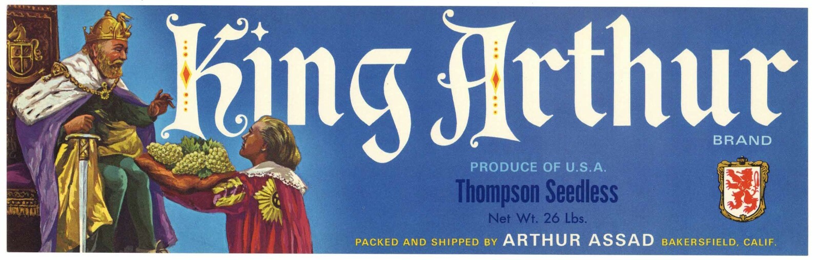KING ARTHUR Brand, Vintage Bakersfield **AN ORIGINAL GRAPE CRATE LABEL**