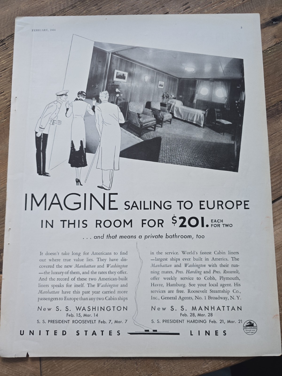 1934 Room United States Cruise Ship Lines S.S. Washington Manhattan Vintage Ad