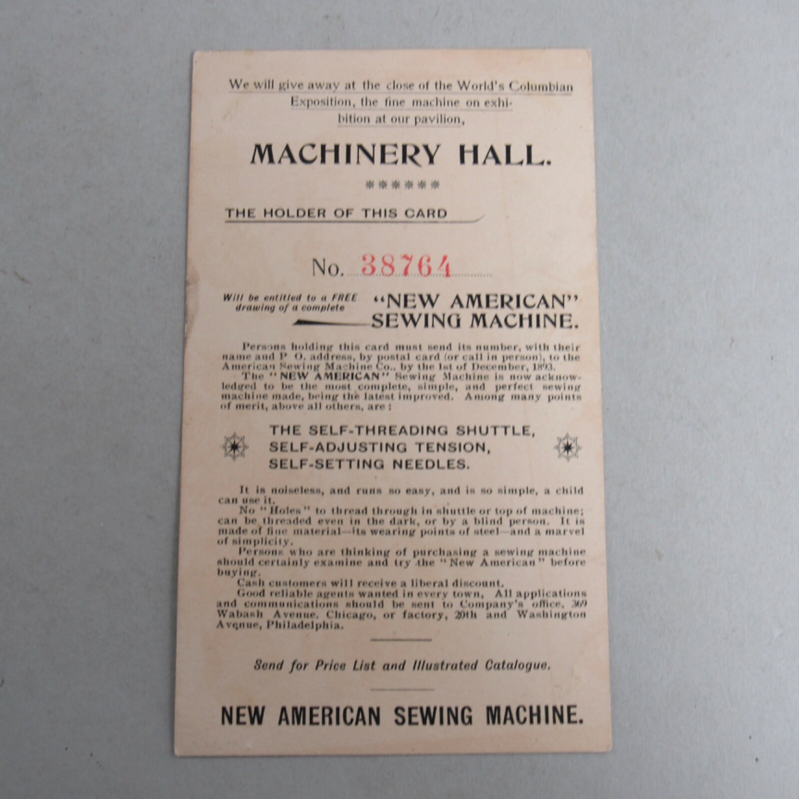 American Sewing Machine Co. Columbia Expo Trade Card Sewing Machine Raffle