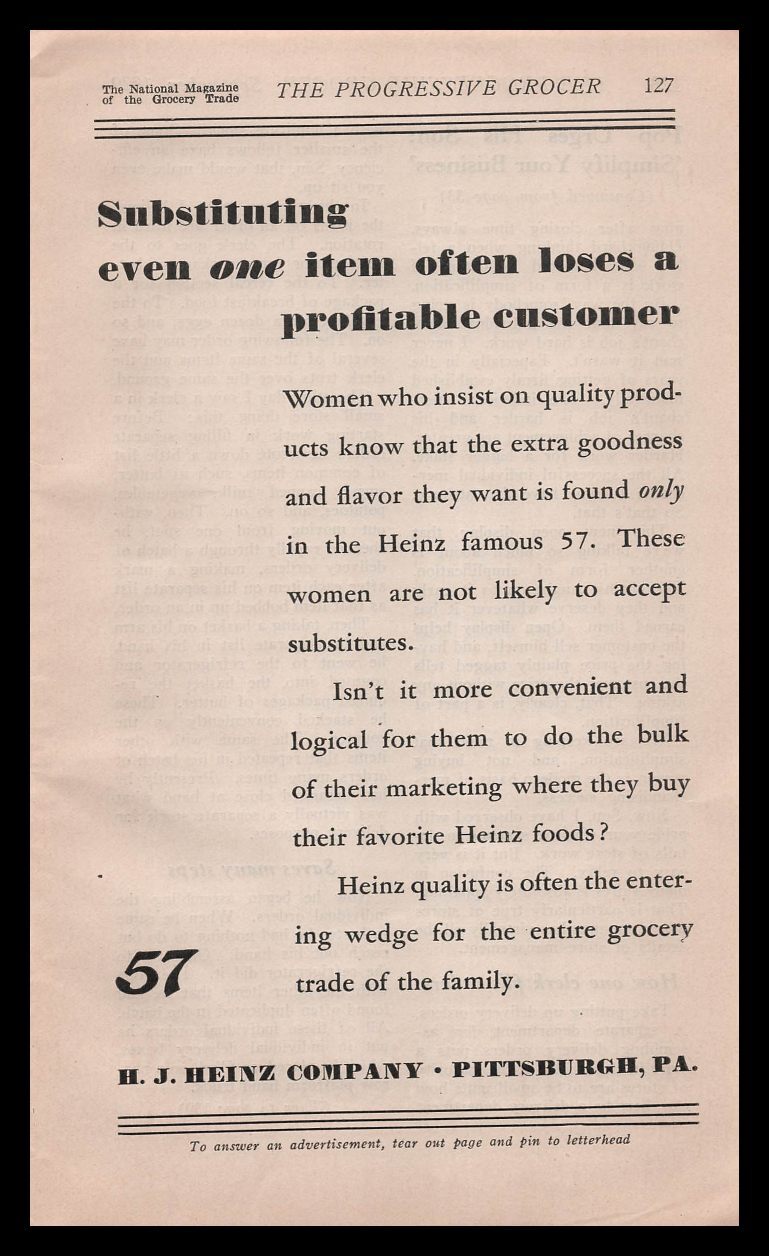1928 H.J. Heinz Co. “Substituting One Item Loses A Customer” Vintage Print Ad