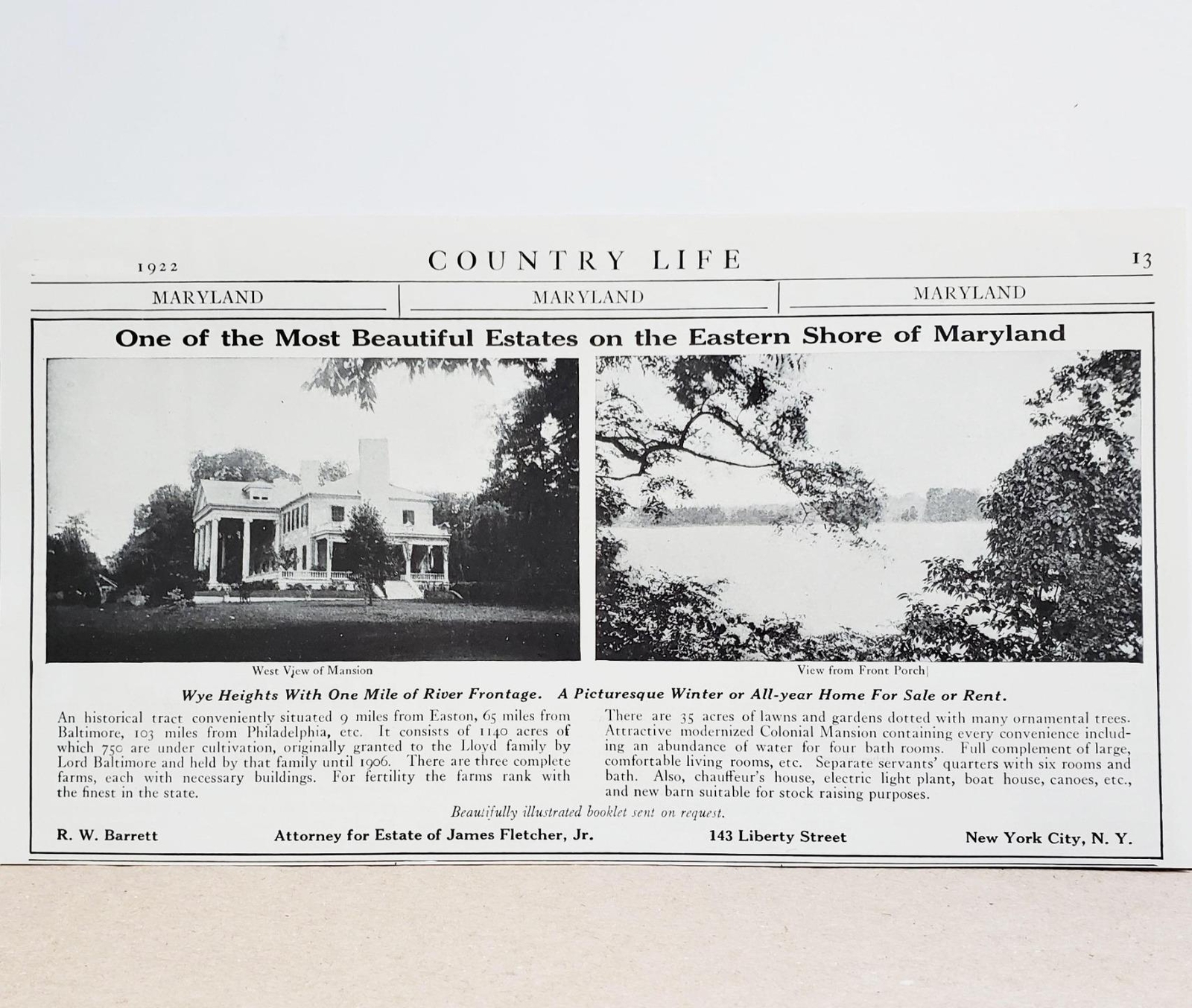1922 Talbot County MD Wye Heights Plantation James Fletcher Jr. Photo Print AD
