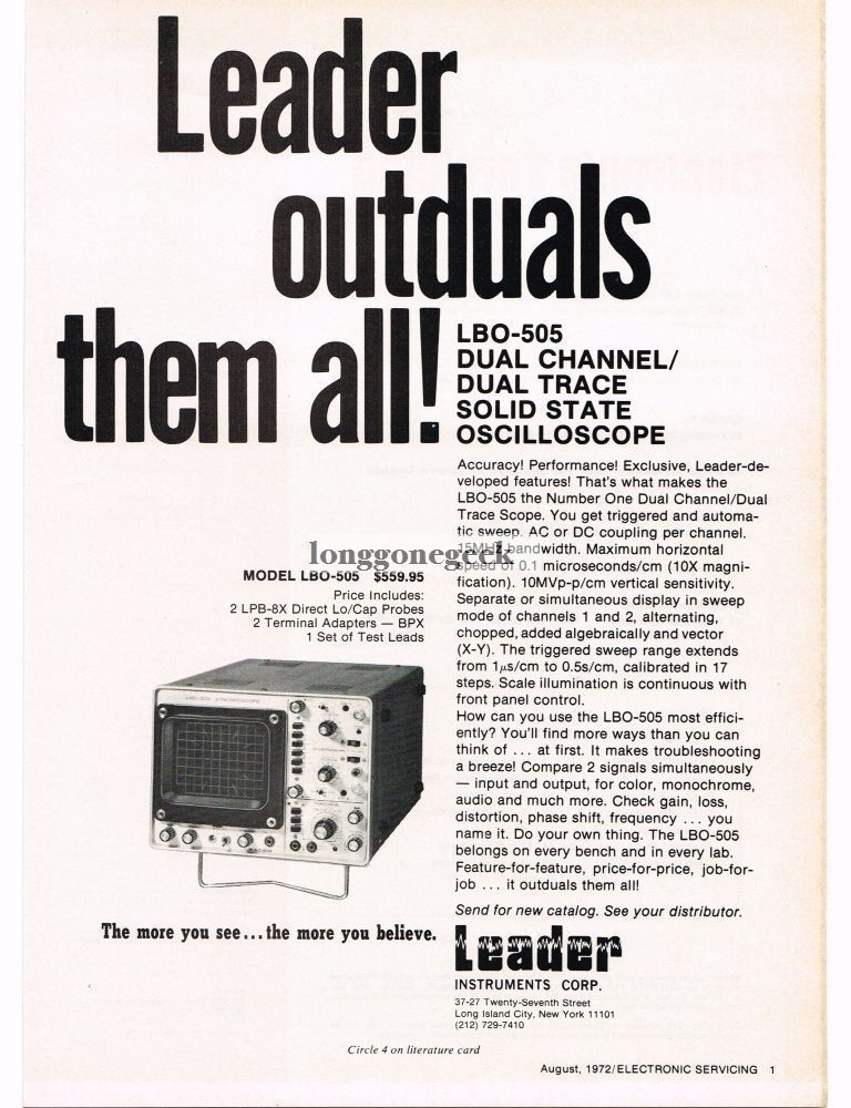 1972 Leader LBO505 Dual Channel Dual trace Oscilloscope TV Repair Vintage Ad