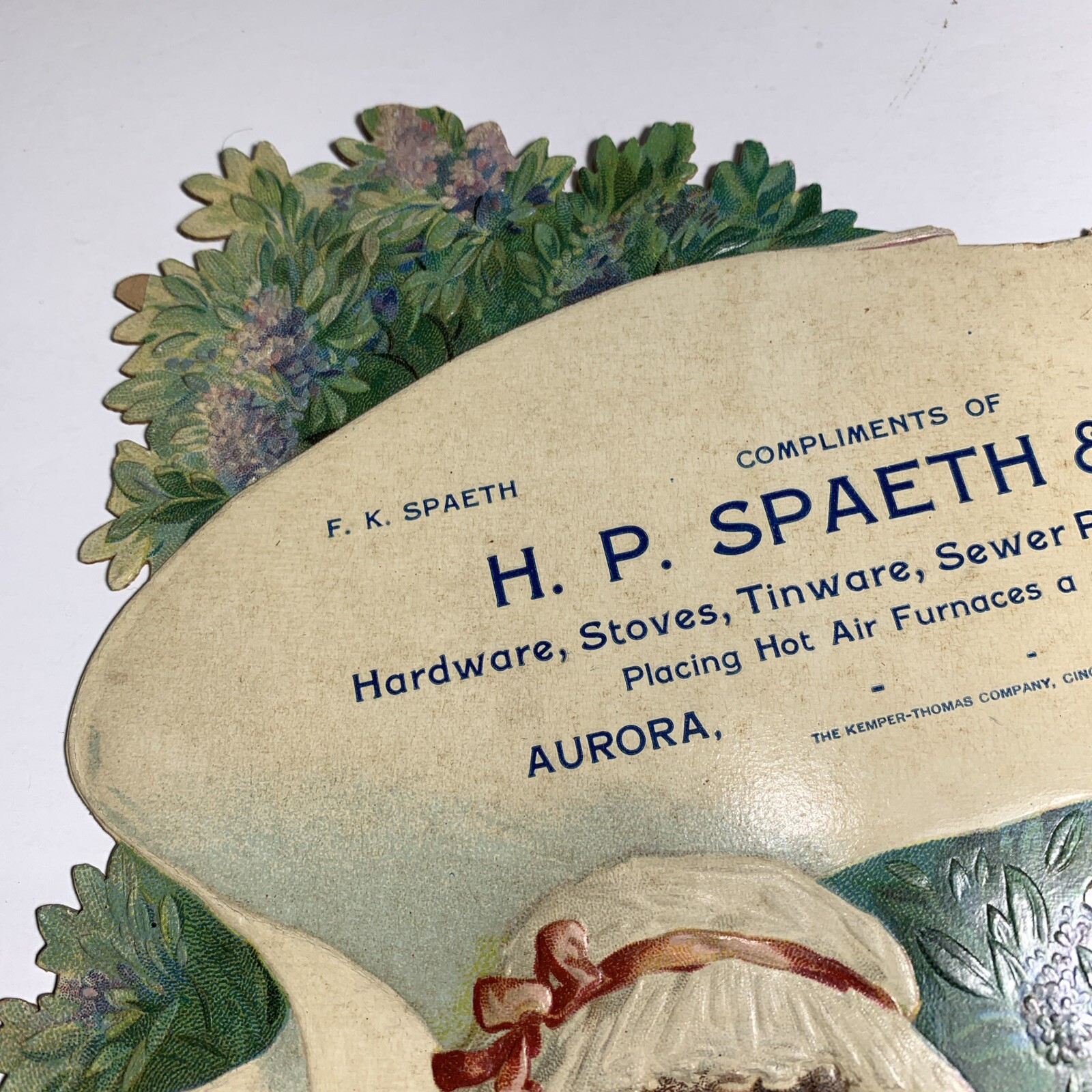 C -1910 Die Cut Calendar Litho Sign Aurora Indiana Spaeth Hardware Kids Flowers