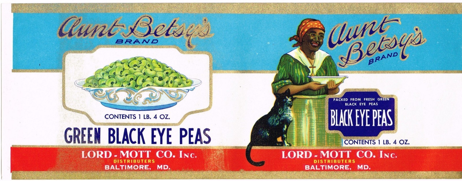 ORIGINAL VINTAGE CAN LABEL MARYLAND 1940S AUNT BETSY BLACK EYE PEAS CAT