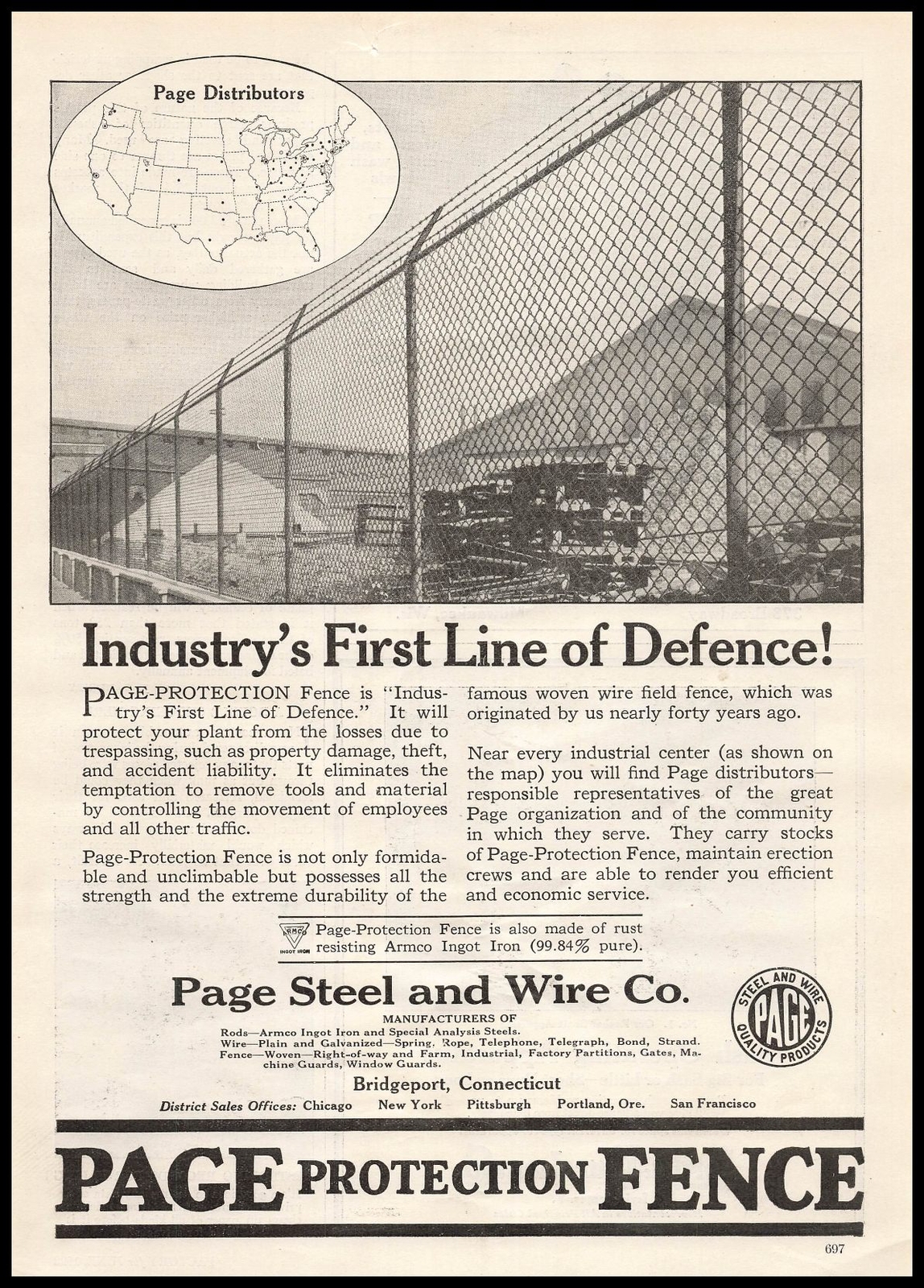 1922 Page Steel & Wire Co Bridgeport Connecticut Armco Ingot Iron Fence Print Ad