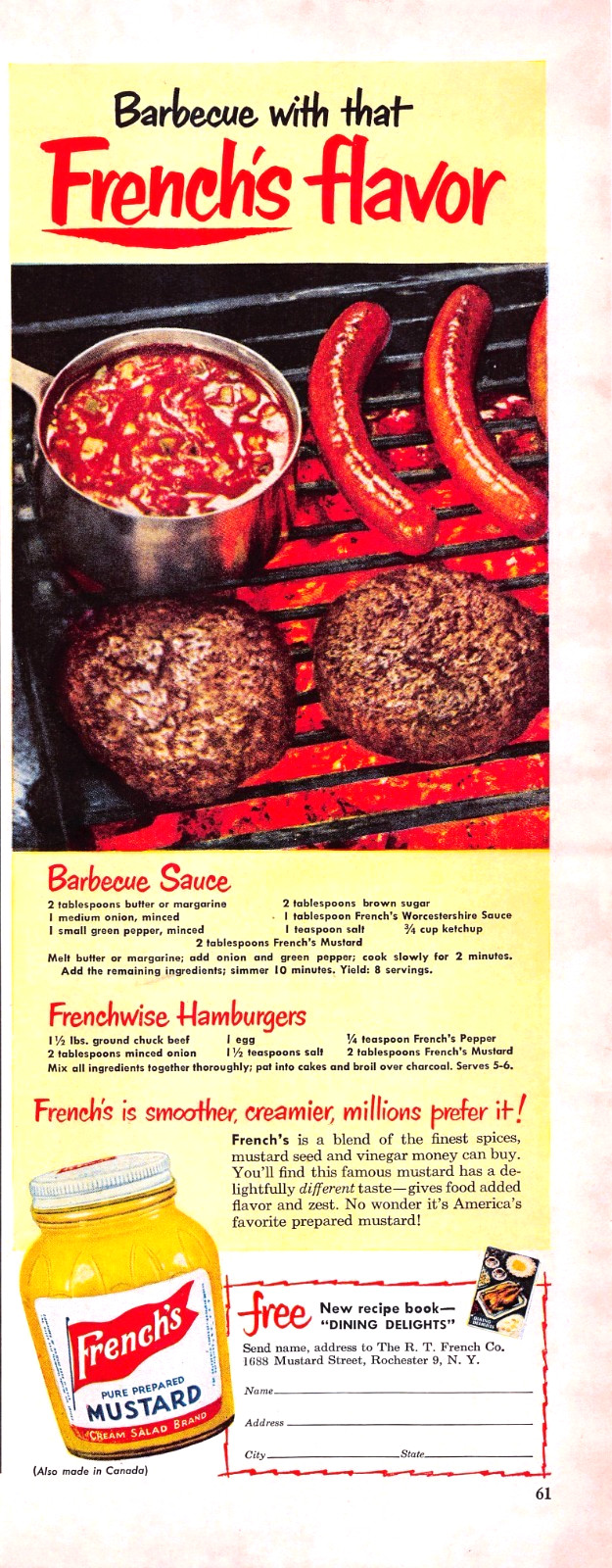 French’s Mustard Barbecue Sauce Hamburgers Recipe Cream Salad Vtg Mag Print Ad