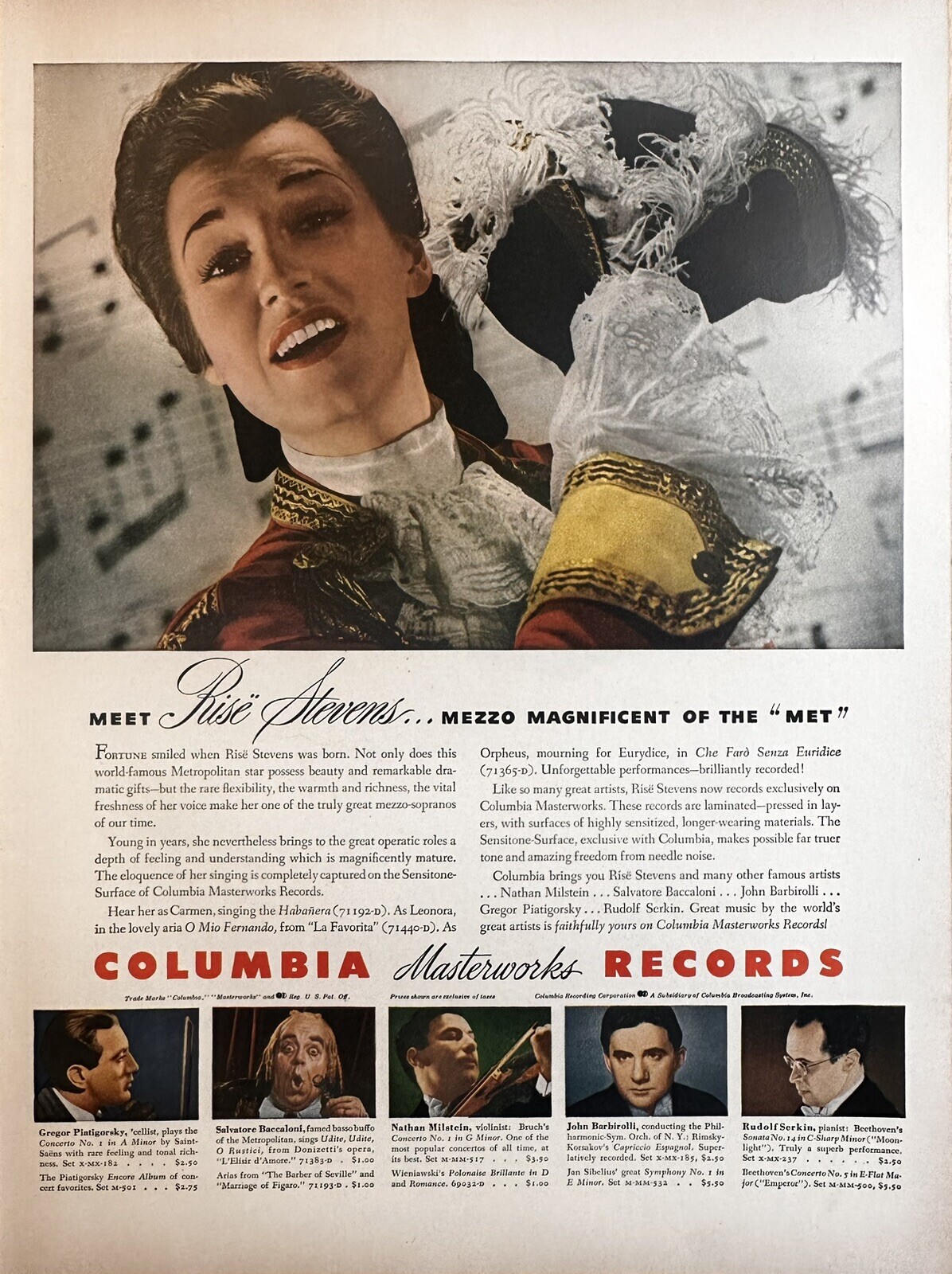 1943 Columbia Records Masterworks “Rise Stevens” Illustrated Print Ad,