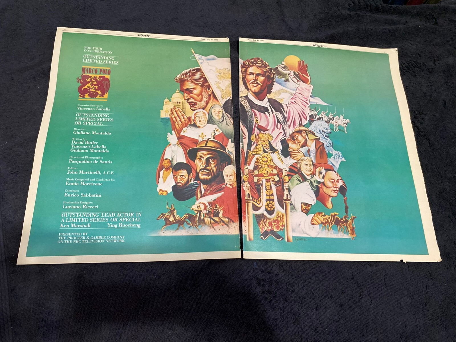 MARCO POLO 1982 Emmy ad Ken Marshall, Leonard Nimoy & HANNA BARBERA with Smurfs