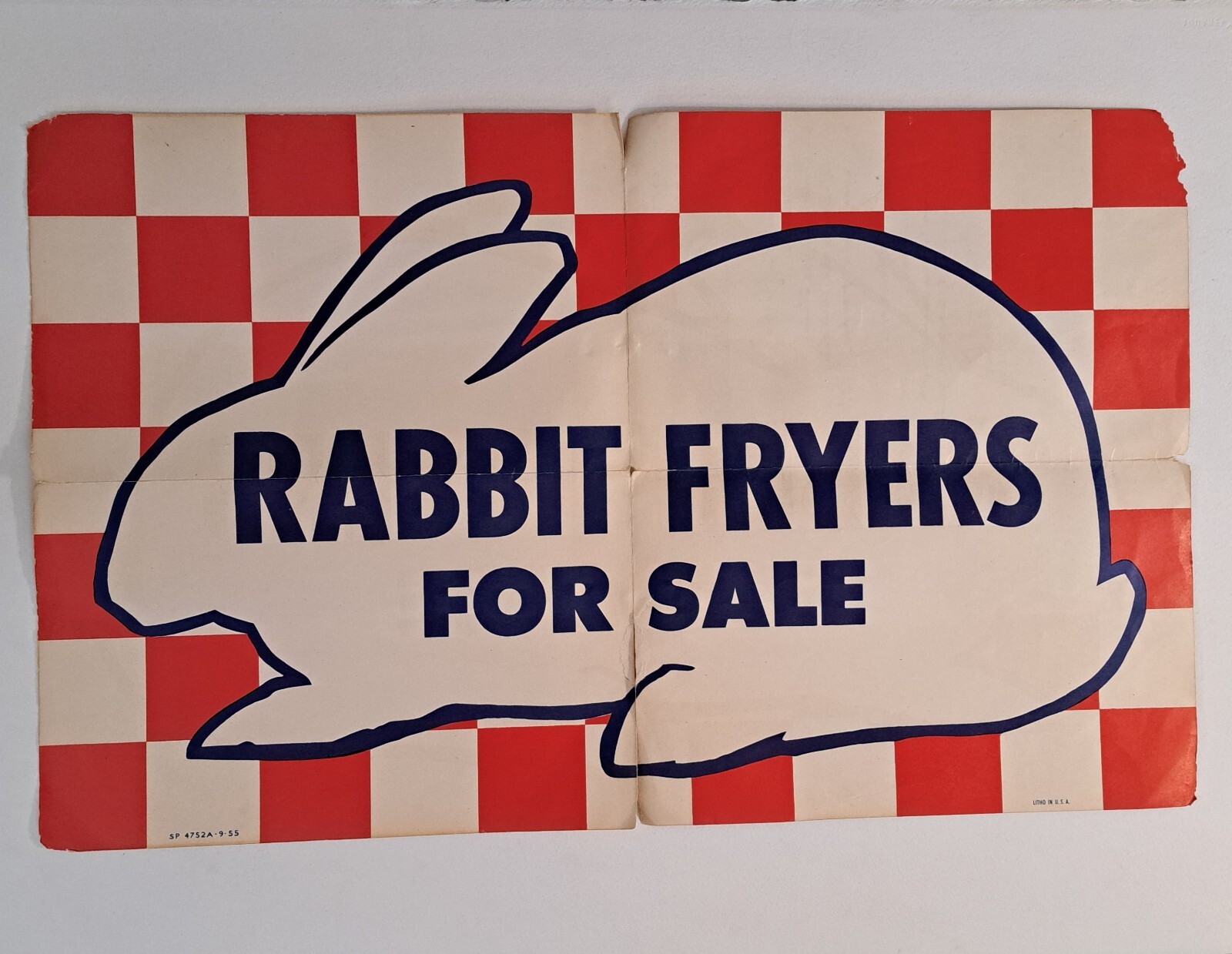Vintage Litho In U.S.A. RABBIT FRYERS FOR SALE BUTCHER SHOP Poster AD Paper SIGN