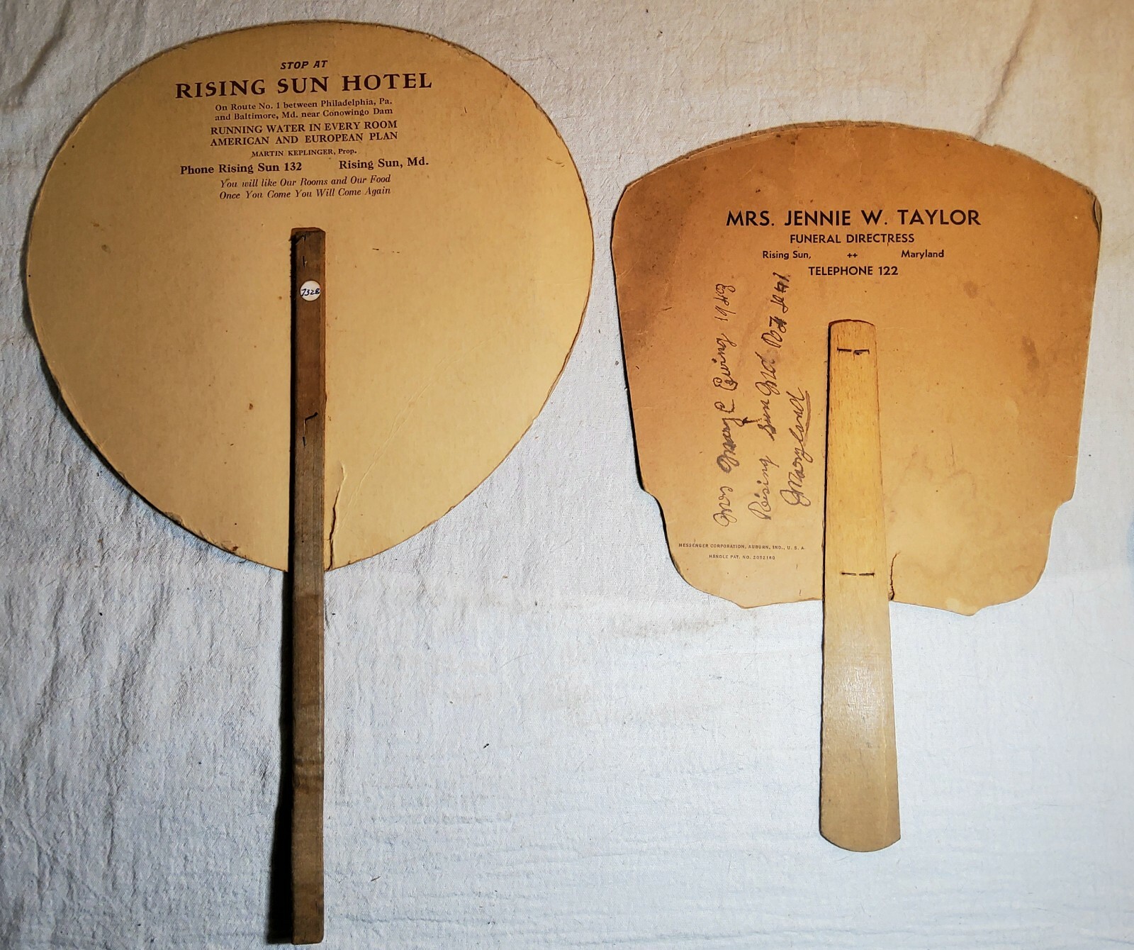 2 ANTIQUE RISING SUN, MARYLAND ADVERTISING FANS RISING SUN HOTEL & JENNIE TAYLOR