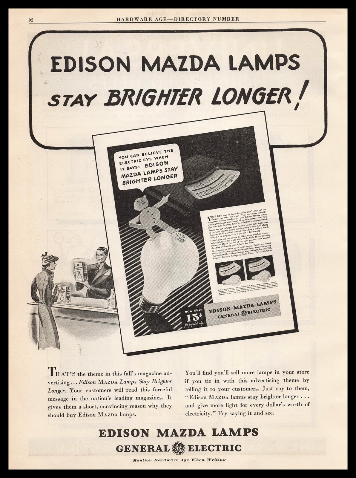 1935 Edison Mazda Lamps General Electric “Stay Brighter Longer” Vintage Print Ad