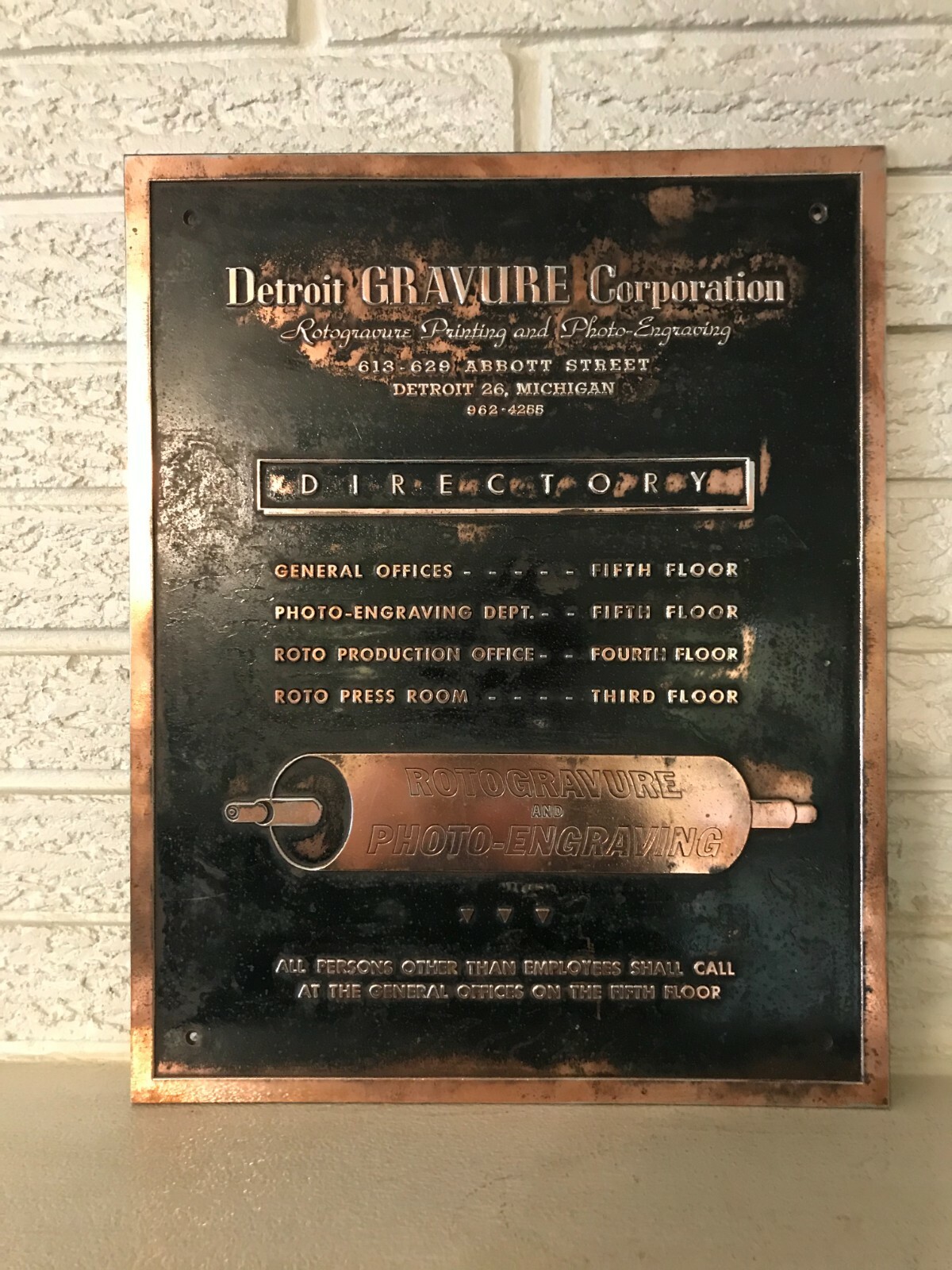 Rare Antique Detroit Gravure Corp. Cast brass Building Sign