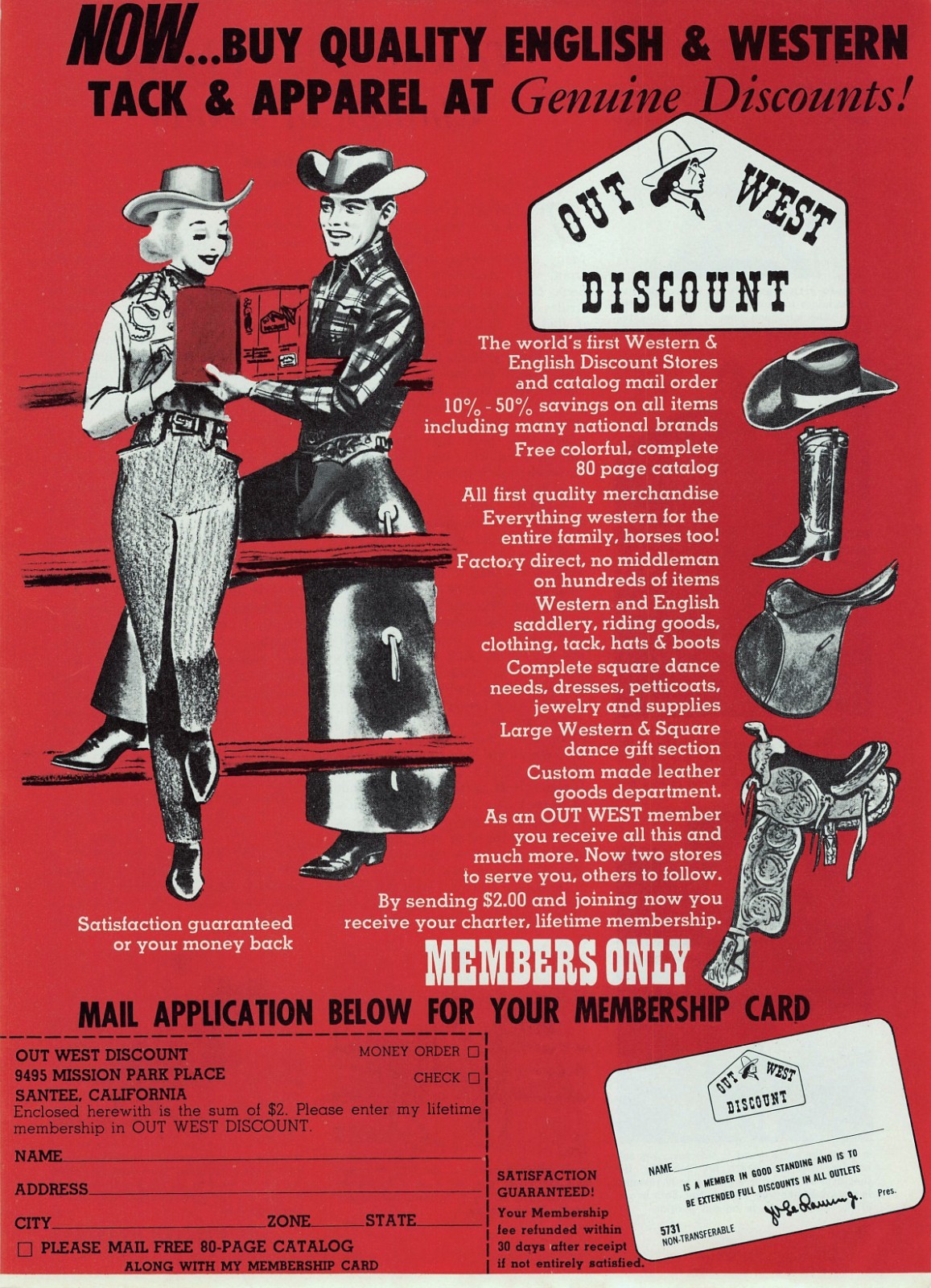 Red Graphics Out West Discount Western Wear & Tack Santee CA Vtg Mag Print Ad