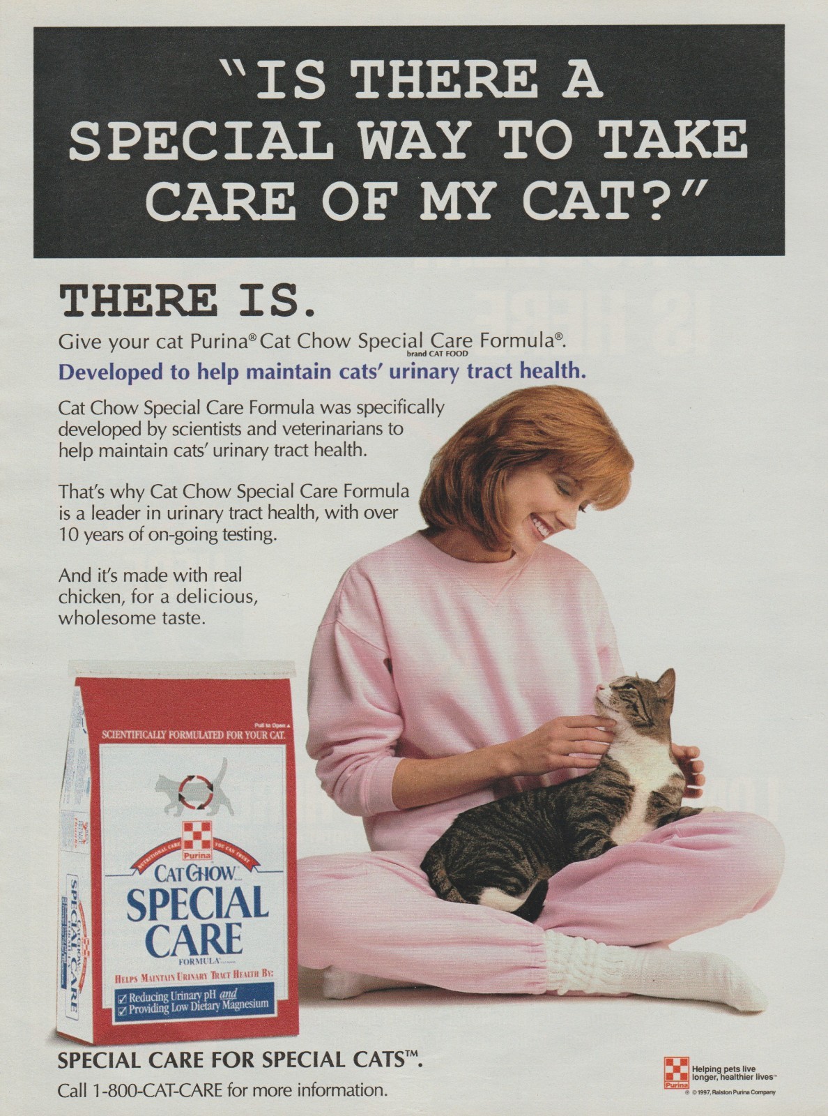 1997 Purina Special Care Cat Food – Lady In Sweats Pets Kitty – Print Ad Photo
