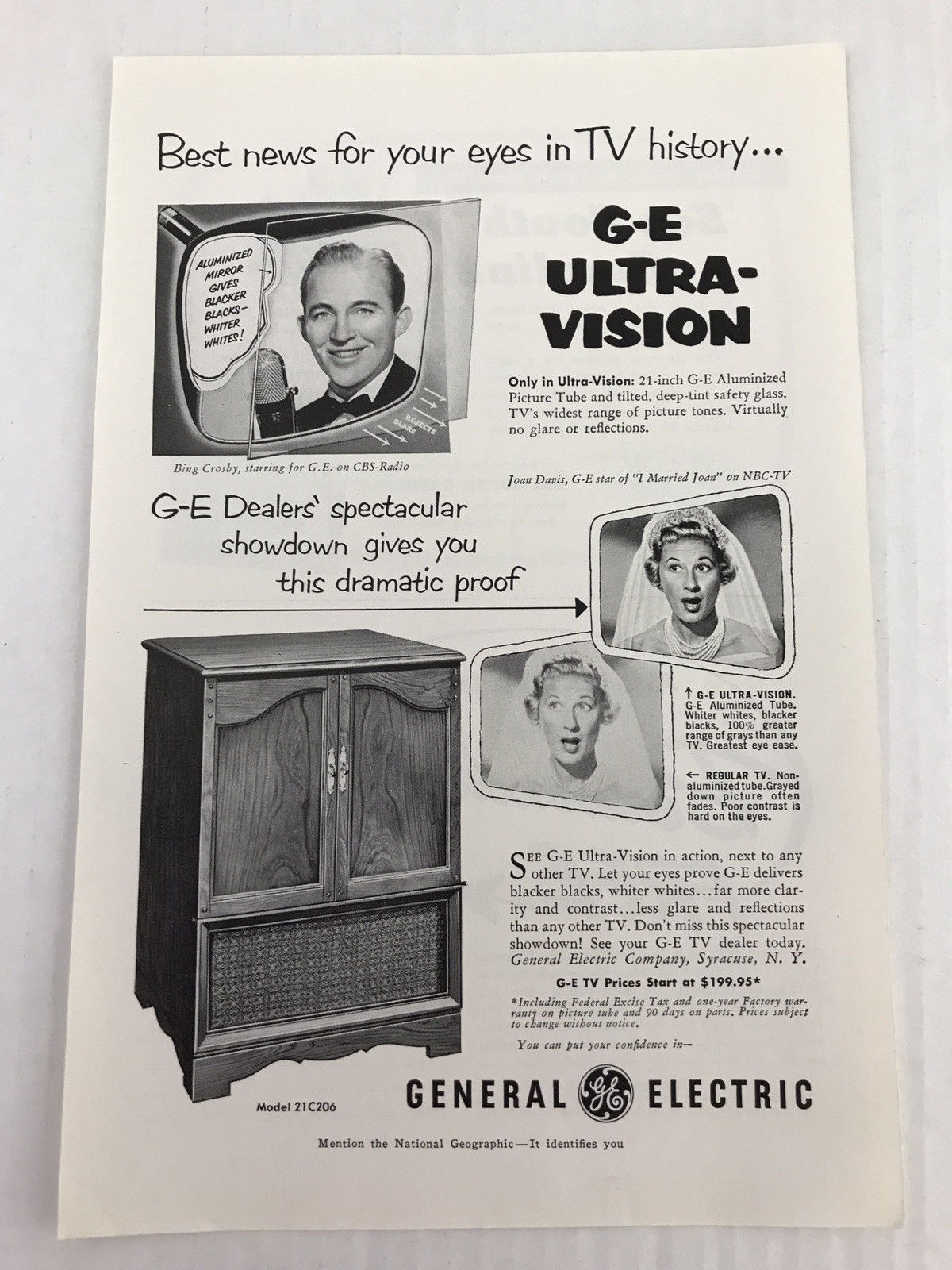 General Electric G E Ultravision TV Vtg 1953 Print Ad Bing Crosby Joan Davis