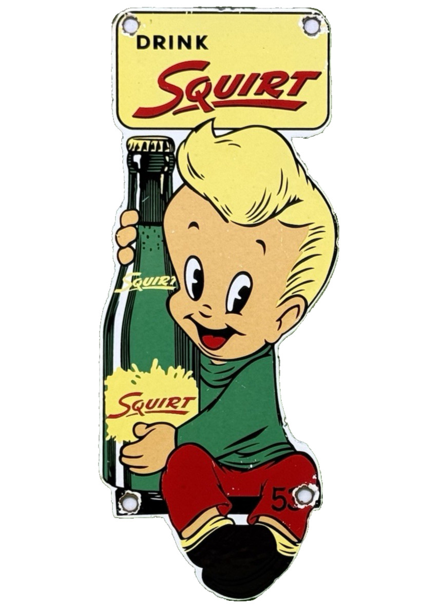 VINTAGE SQUIRT SODA BOY EMBOSSED DIE CUT METAL ADVERTISING SIGN GAS OIL COLA