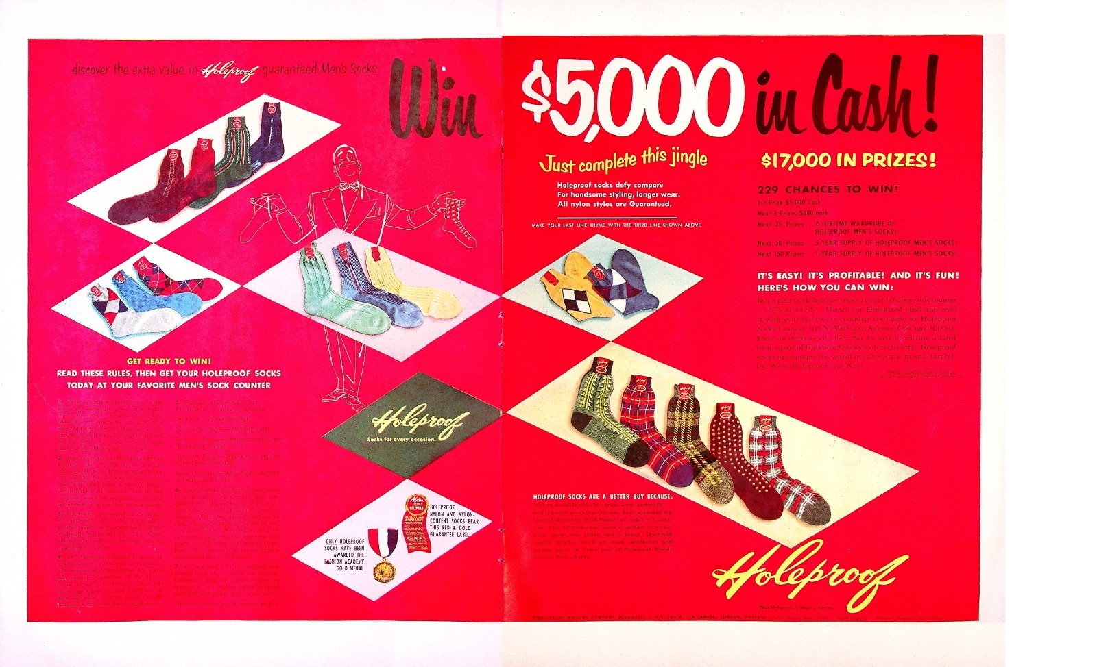 Holeproof Hosiery Co Mens Socks $5K Cash Prize Contest 1951 Magazine Print Ad