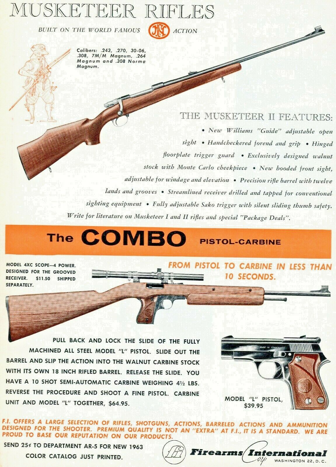 Vintage Ad Print Firearms International Musketeer Rifles , 1963 11.5 x 8.