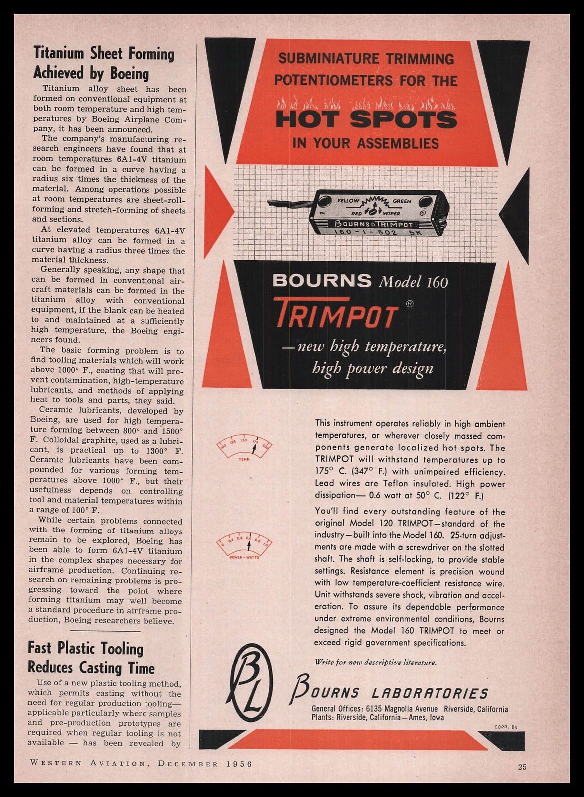 1956 Bourns Laboratories Riverside California Model 160 Trimpot Vintage Print Ad