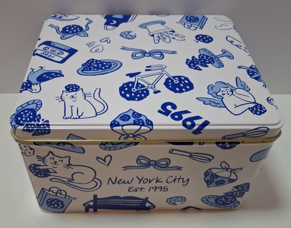 Levian Bakery Embossed Tin Container w/Lid 30th Anniversary Blue & White Empty