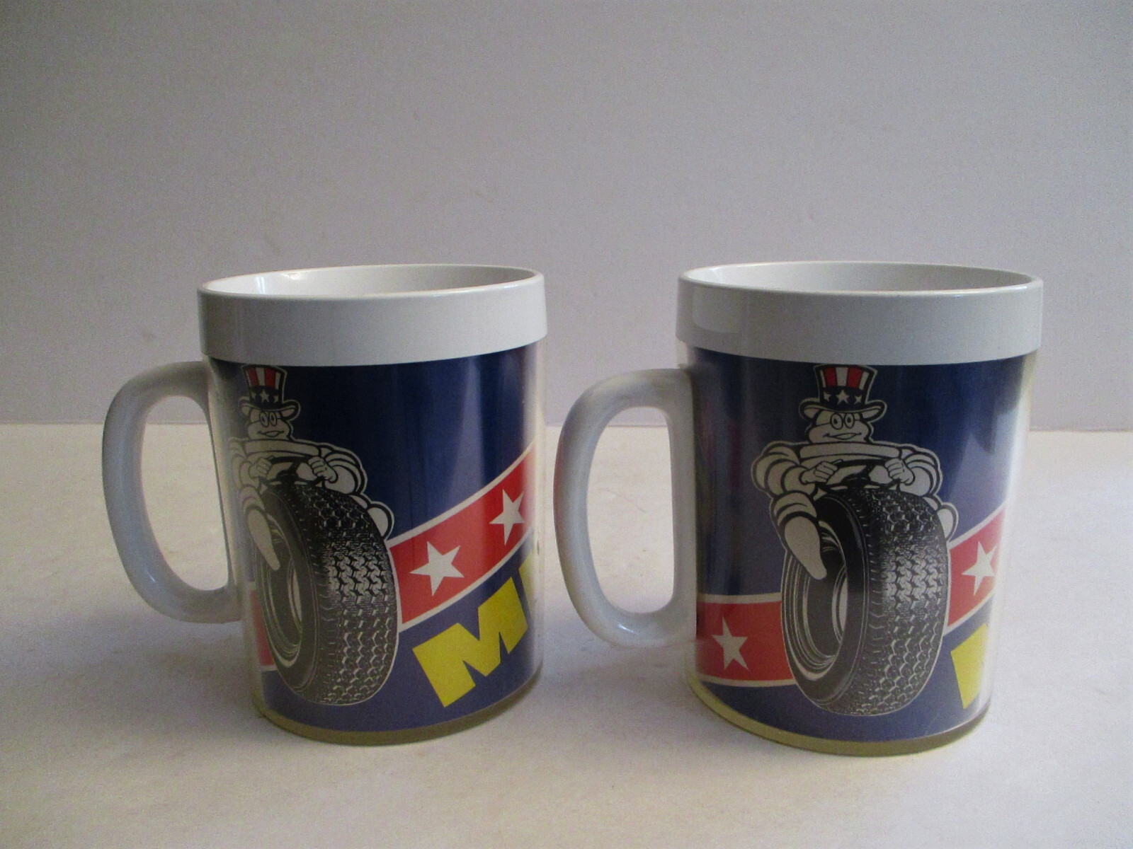 Vtg 1976 Patriotic Michelin Man Tires Thermo-Serv Plastic Promo Coffee Mug X2