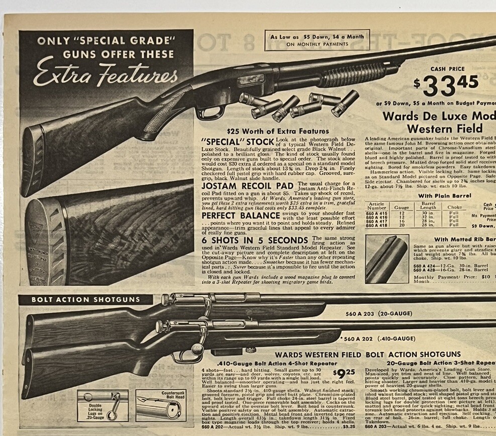 Vintage 1935 Ward’s Shotguns Bolt Action Double B Orig Print Ad 23x34cm MWC 575