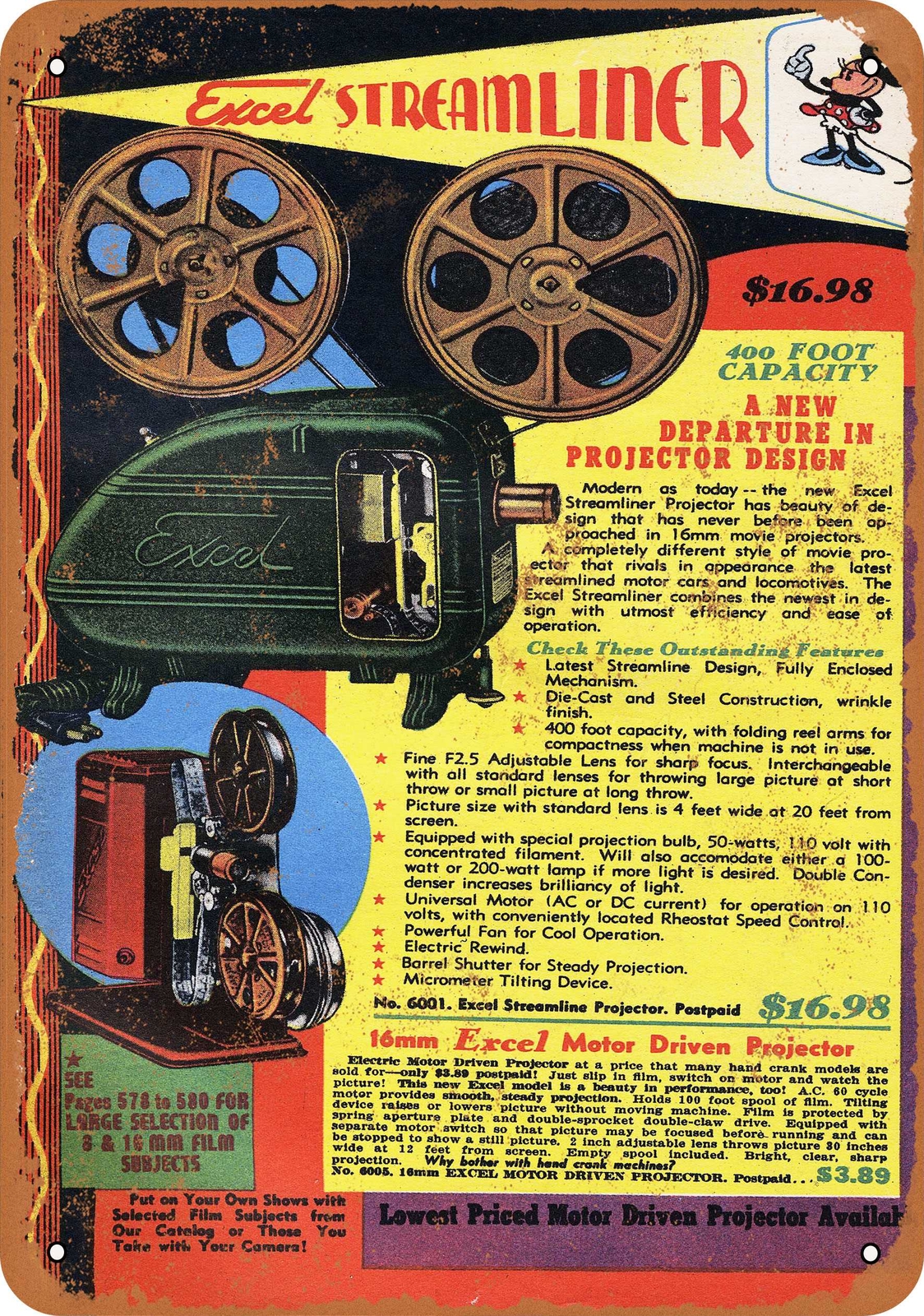 Metal Sign – 1940 Excel 16mm Movie Projectors – Vintage Look Reproduction