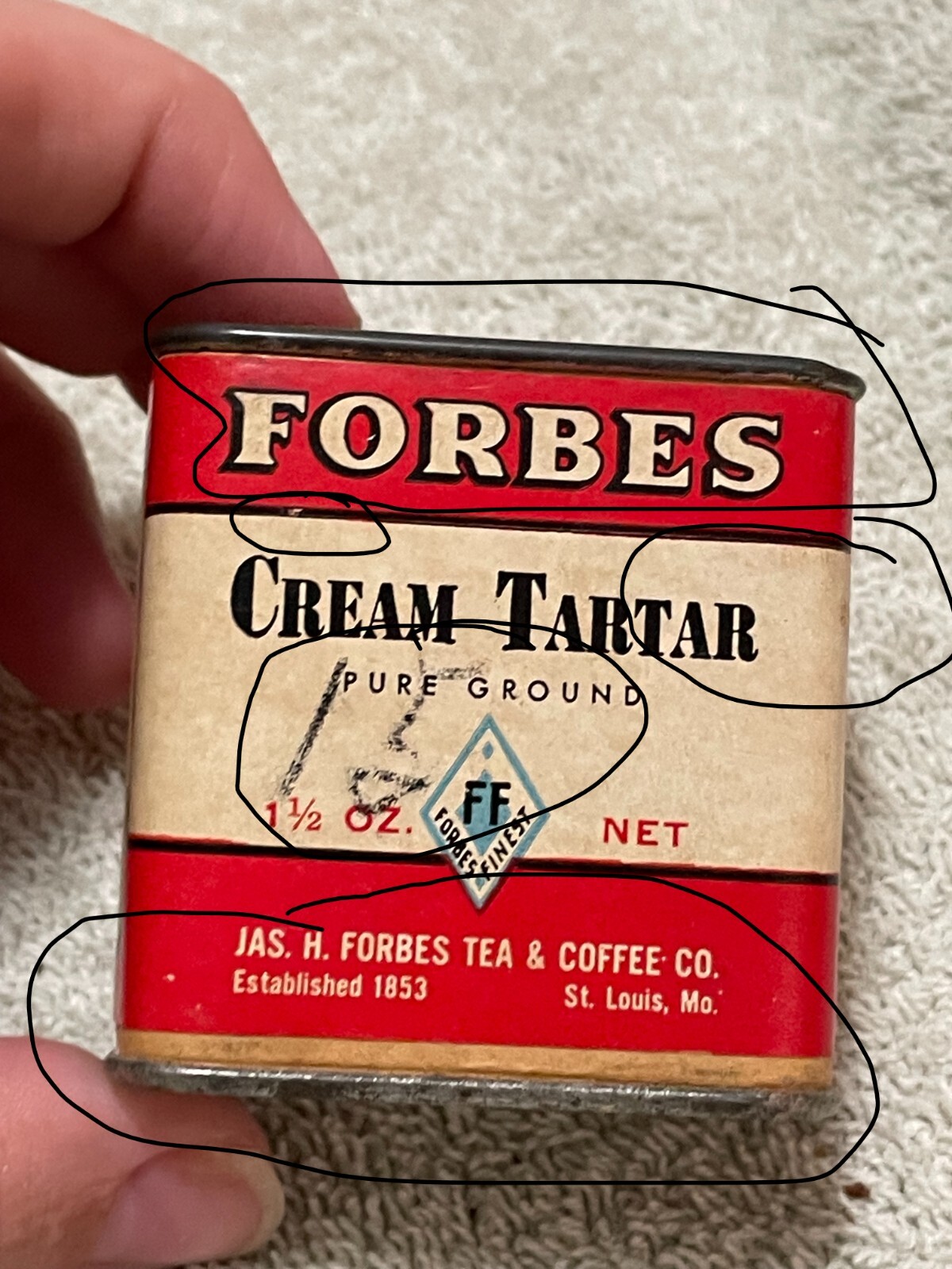 Forbes Cream of Tarter Pure Ground Paper Label Metal Spice Tin