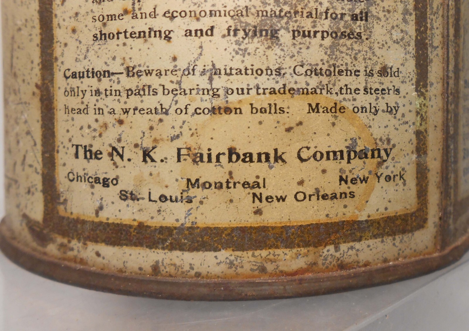 COTTOLENE EARLY 20TH C SM LITHO’D ENML TIN PAIL W/LID, WIRE HNDL N K FAIRBANK CO