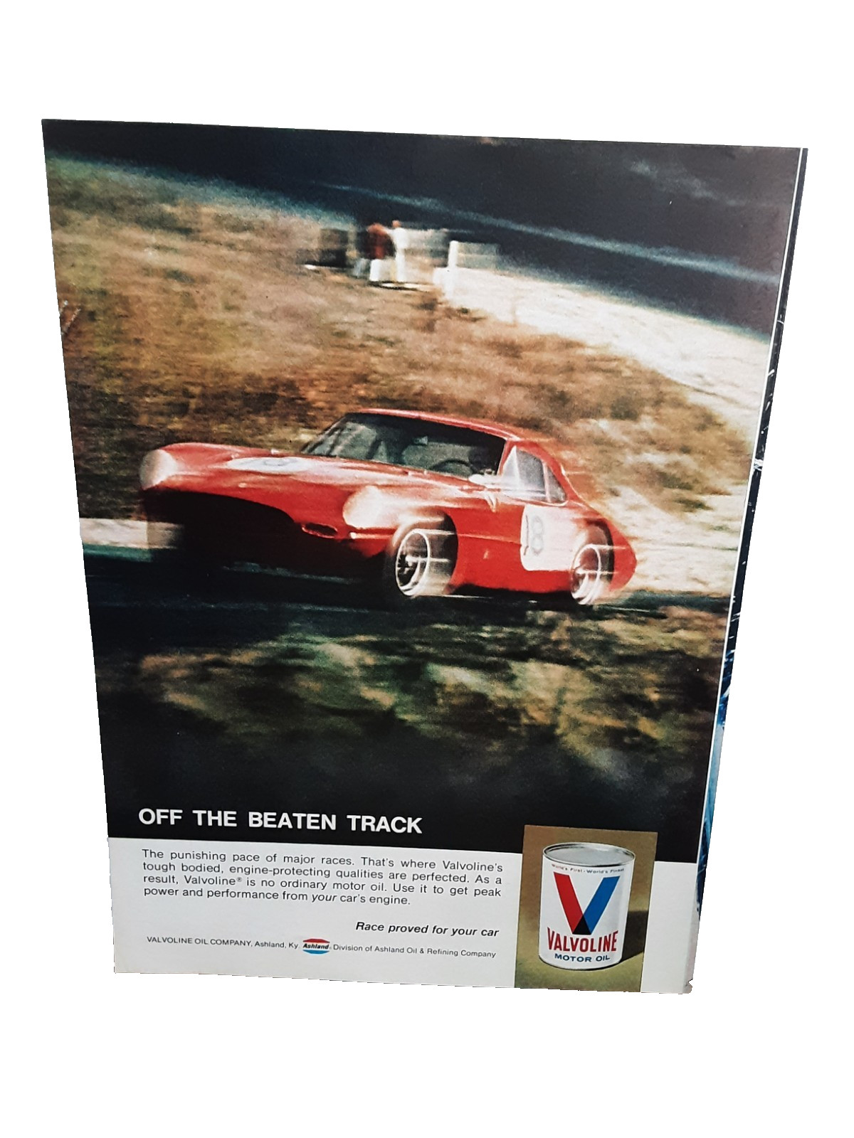 1969 Valvoline Racing Oil Ad Red Sports Car Track Scene Original Print