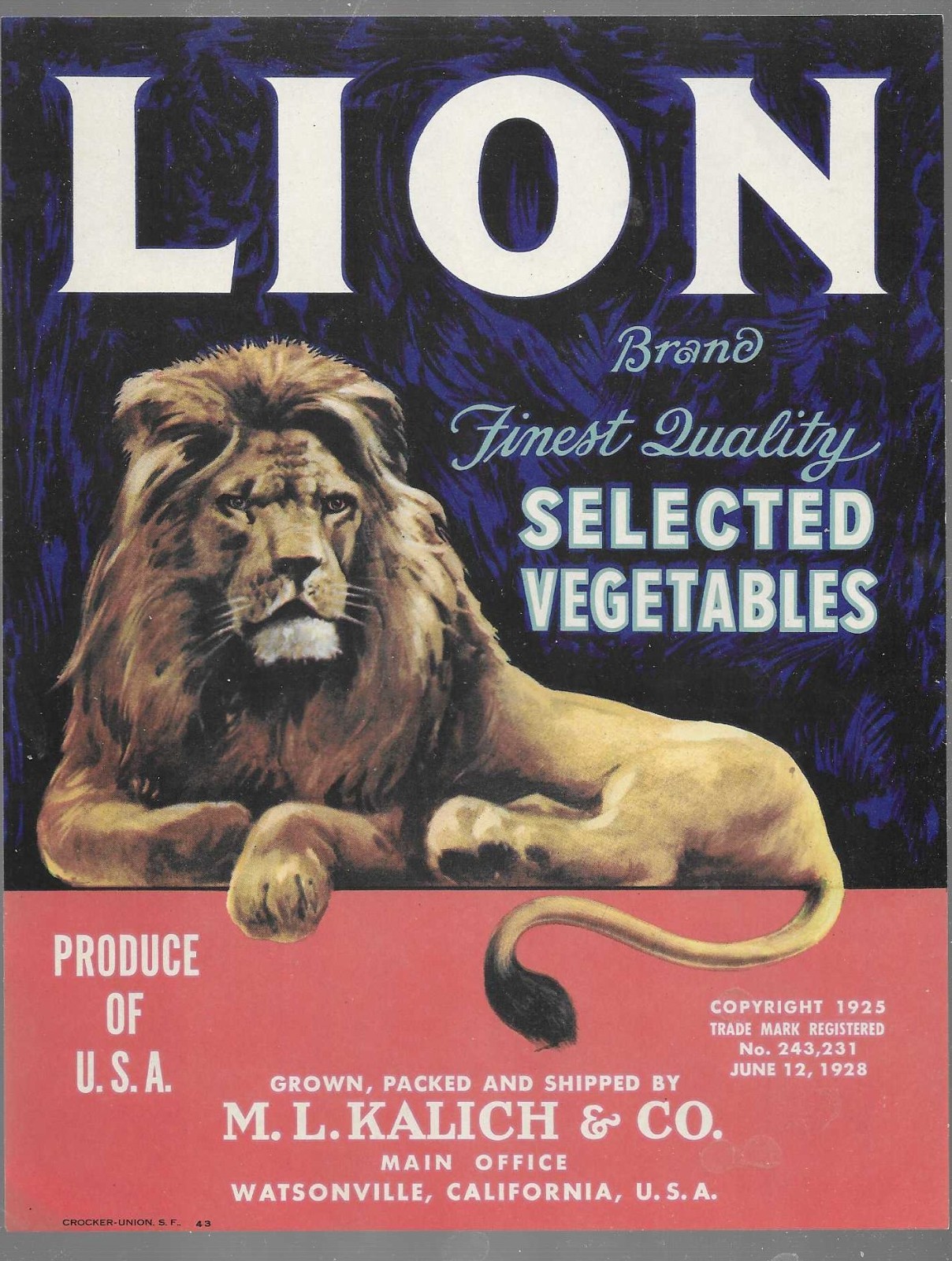1925 Vintage NOS Lion Brand Selected Vegetables Crate Label Watsonville, Ca.