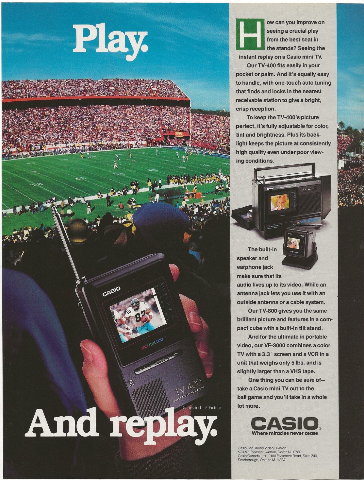 Vintage Print Ad Casio Mini Tv Play And Replay Football Game Dec 1988 10.75″x8″