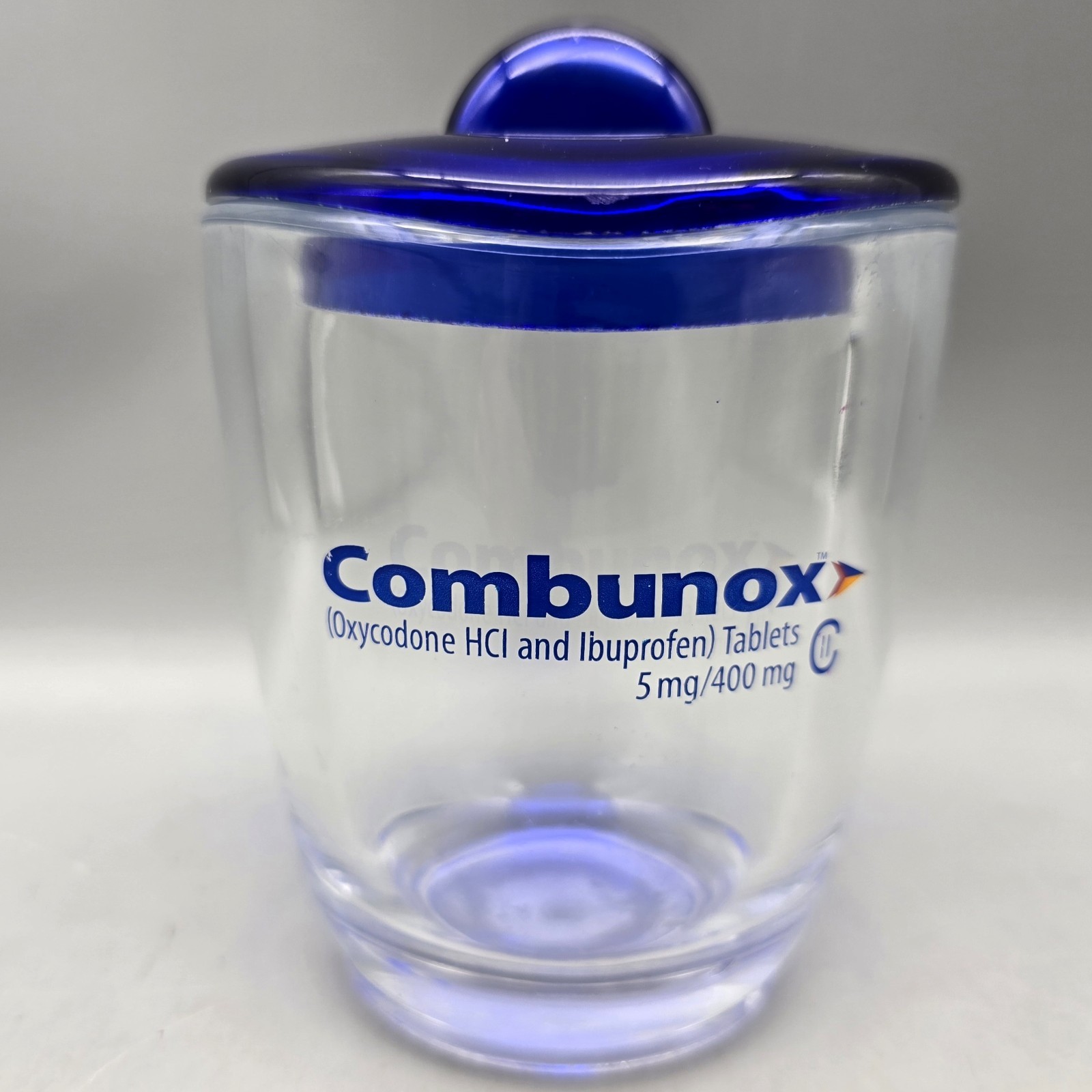 Combunox Drug Rep Promo 5″ Cup & Lid Container Heavy Clear & Blue Plastic