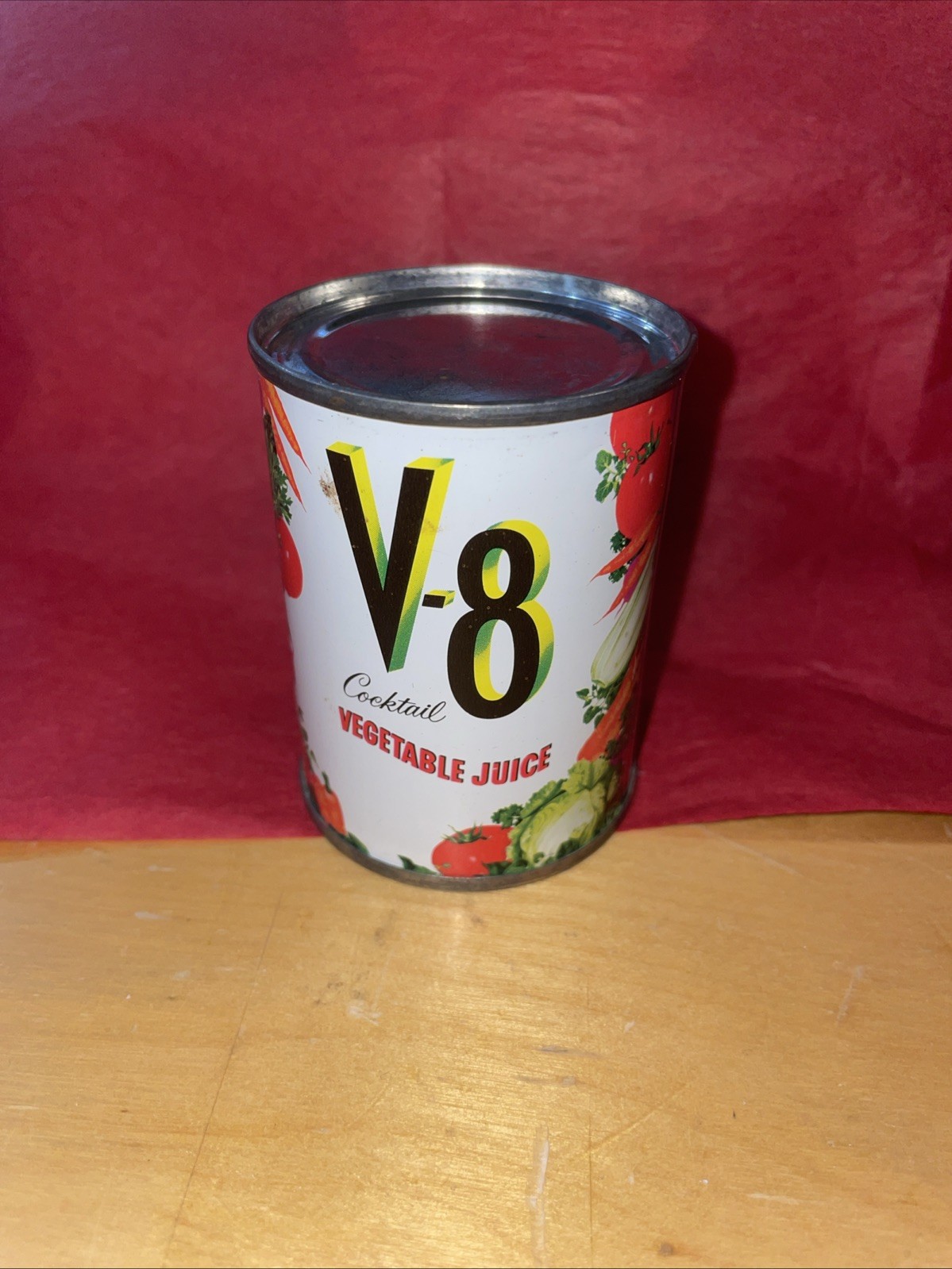 1950s V-8 COCKTAIL VEGETABLE JUICE 3″ Advertising Mini Tin Can SEALED EMPTY