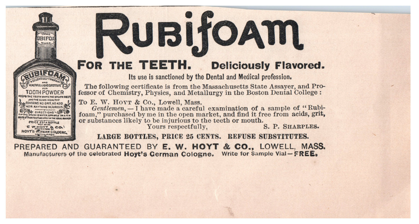 1890 Rubifoam For Teeth E.W.Hoyt Original Print AD Lowell, Mass