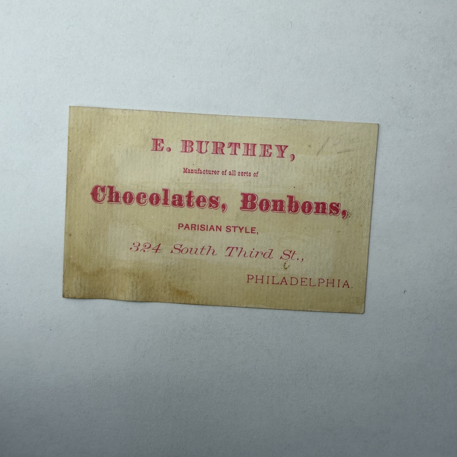 C1890s E. Burthey Philadelphia PA Victorian Litho Trade Card Chocolates