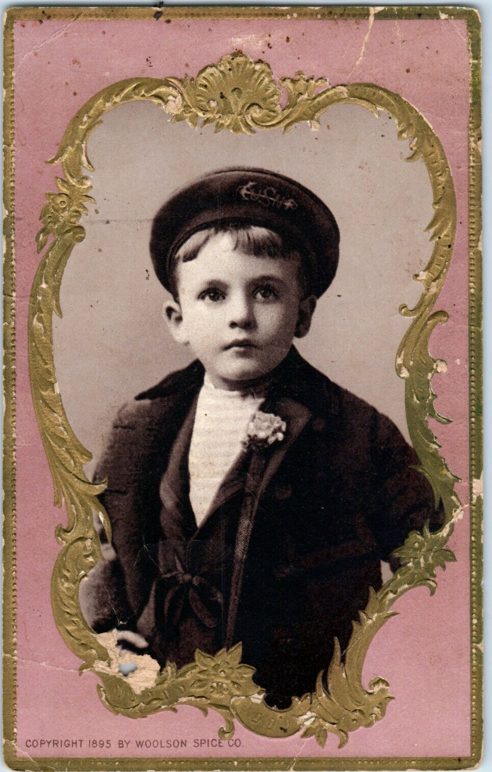 Antique Trade Card Ad WOOLSON Spice Co. 1895 Boy Picture 5 1/2″ X 3 1/2″