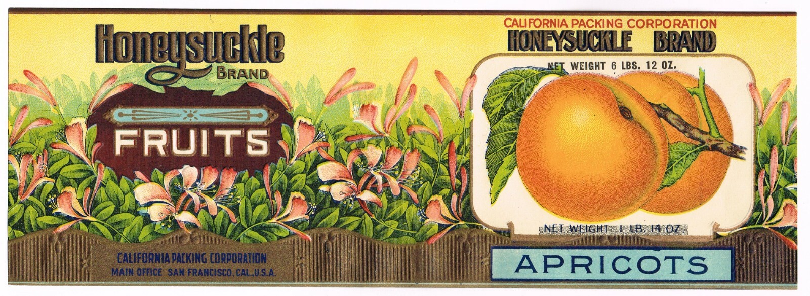 ORIGINAL C1910 ANTIQUE CAN LABEL HONEYSUCKLE EMBOSSED SAN FRANCISCO APRICOTS