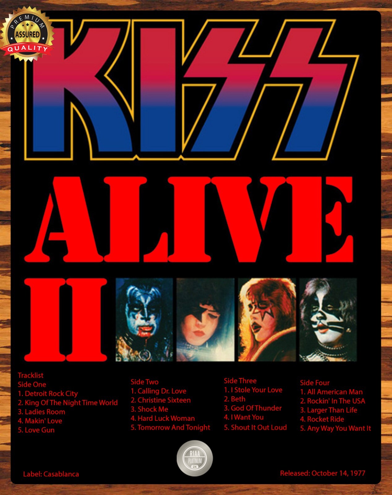 Kiss Alive II – Tracklist – Certified 2X Platinum – 1977 – Metal Sign 11 x 14