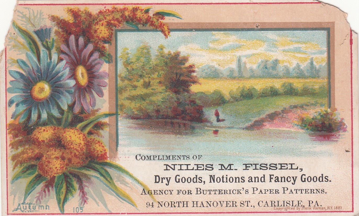 Niles M Fissel Dry Goods Butterick’s Patterns Carlisle PA AUTUMN Card c1880s