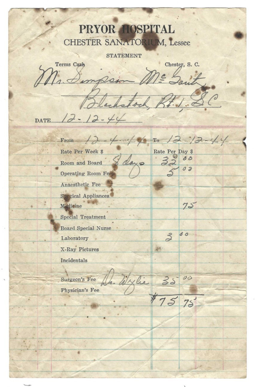 1944 Advertising Invoice Pryor Hospital Chester Sanatorium SC Itemized Bill