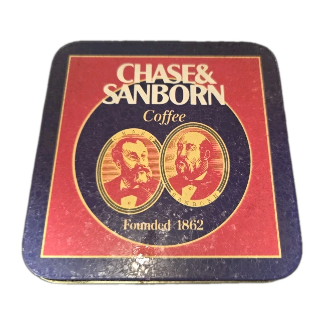 Vintage 1995 Chase & Sanborn Coffee Tin Bristolware Reproduction Blue Red Square