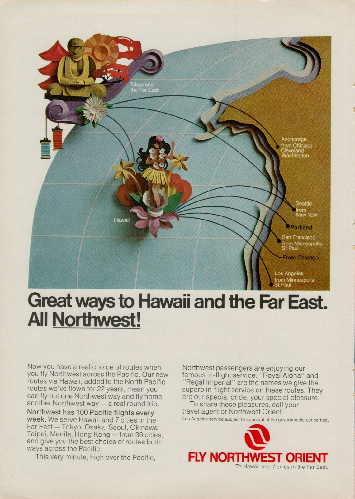 1969 Northwest Orient Airways Great Way to Fly Hawaii Far East Vintage Print Ad