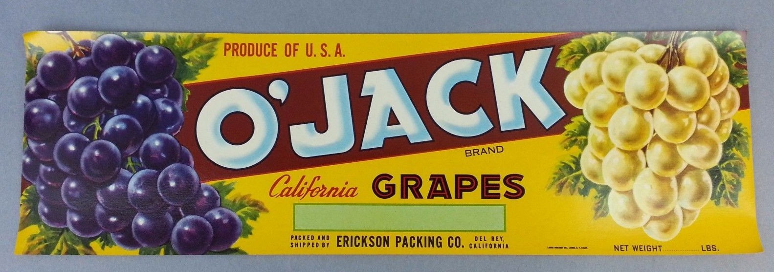 10 Original Vintage Dead Stock O’JACK Brand Fruit Grape Paper Label Crate