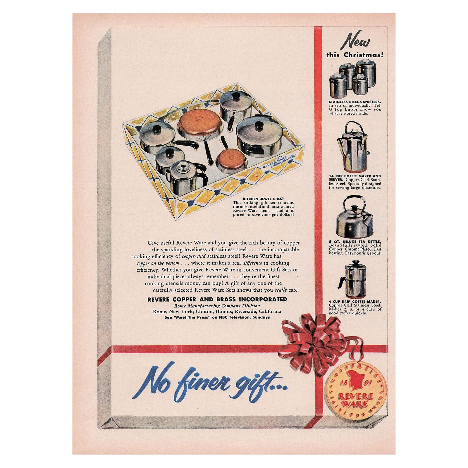Revere Ware Copper Clad Stainless Steel Cookware Vintage Magazine Print Ad 1954
