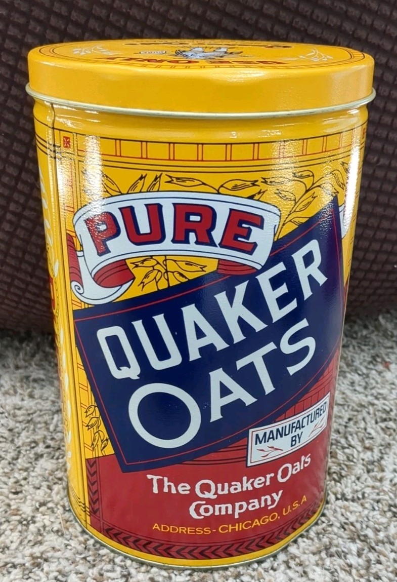 1993 VINTAGE Yellow Pure Qualer Rolled White Oats Tin with Some Wear